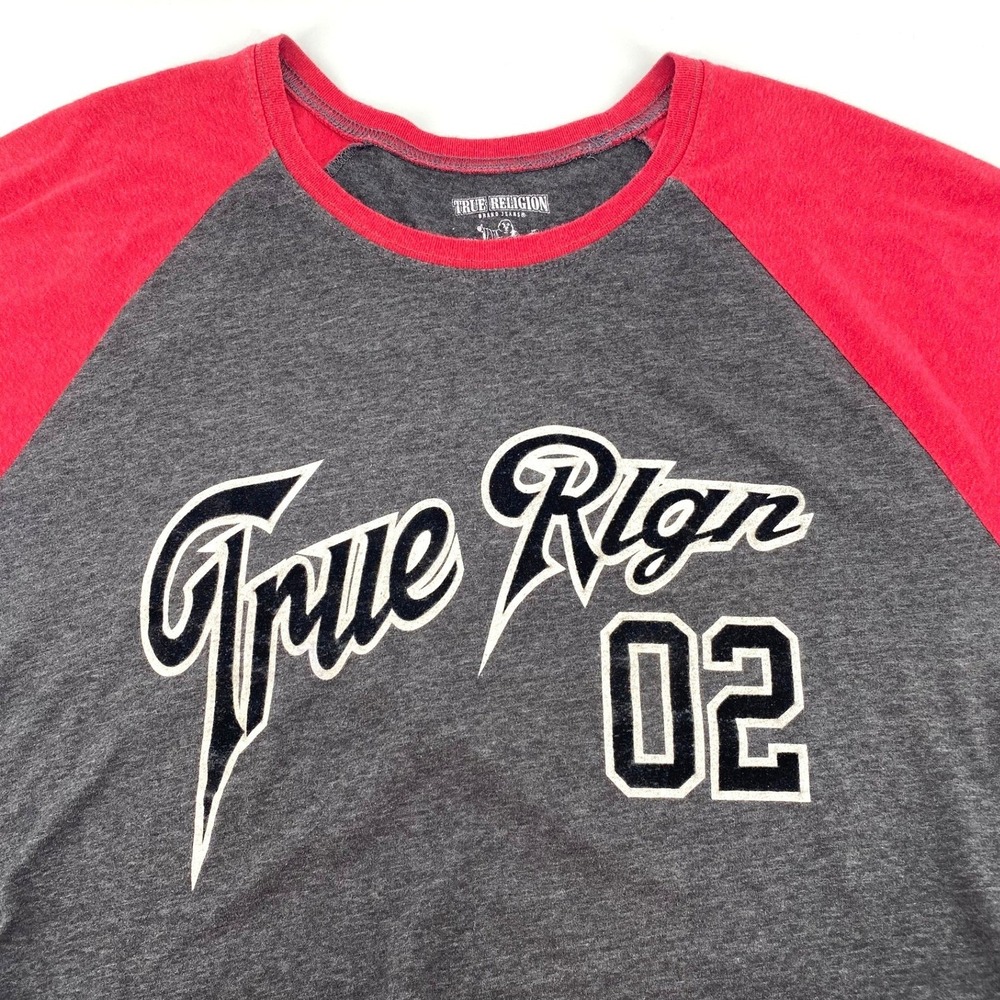 True Religion Mens Raglan Baseball T Shirt Grey Red Logo Graphic Size XXL